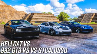 Porsche 911 GT3 RS 992 vs Ferrari GTC4Lusso vs Dodge Challenger Hellcat  Forza Horizon 5 [upl. by Enirehtahc882]