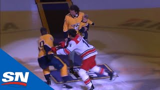 Justin Williams Roman Josi Battle It Out During Nashville Predators Ceremonial Puck Drop [upl. by Houghton]