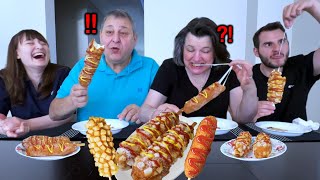 My Family Tries Popular Korean Cheese Corn Dogs for the First Time Making Korean Street Food SUB [upl. by Leirua]