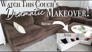 DIY Couch Makeover  How to Reupholster a Sectional Couch  Dramatic Furniture Transformation [upl. by Eelir]