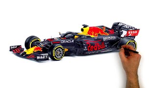 How I drew Max Verstappen’s Red Bull Formula 1 Race Car  drawing with colour pencils [upl. by Enairda]