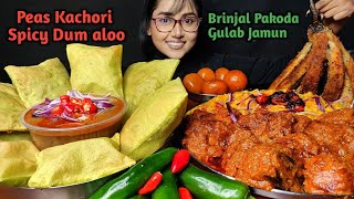 Eating Peas Kachori Spicy Dum Aloo Crispy Pakoda Gulab jamun  Big Bites  Asmr Eating  Mukbang [upl. by Knowle]