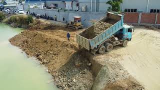 Part4 Continue road construction Landslides Into the water Dozer Push the ground With Big DumpTruck [upl. by Eidoj]