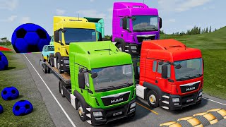 Double Flatbed Trailer Truck vs Speedbumps Train vs Cars  Tractor vs Train BeamngDrive [upl. by Eddra]