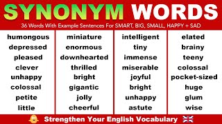 English Synonym Words For SMART BIG SMALL HAPPY  SAD  Strengthen Your English Vocabulary [upl. by Marolda234]