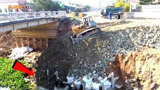 Impressive Activity Heavy Bulldozer Working push stone repair Bridge and Dump trucks dumping Stone [upl. by Toddy]