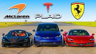 Tesla SUV v Ferrari v McLaren DRAG RACE [upl. by Dorris801]