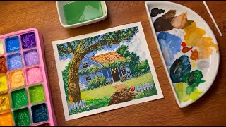 🌳 Gouache cozy painting  studio ghibli like painting  relaxing painting process [upl. by Aelyk]