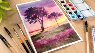 Easy Watercolor Painting for Beginners  Sunset Trees Scenery  Step by Step Tutorial [upl. by Einnig]