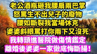 老公酒瓶砸我腰扇兩巴掌，怒罵生不出兒子的廢物，腰如斷裂我當場休克，婆婆斜眼罵你兩下又沒死，我轉頭進醫院做傷情鑑定，離婚後婆婆一家徹底悔斷腸！ [upl. by Nossah]