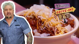 Guy Fieri Eats State Champ CHILI at The Diner in OK  Diners DriveIns and Dives  Food Network [upl. by Nonnahsed120]