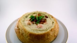 Creamy clam and lobster chowderin a crunchy bread bowl [upl. by Piotr]