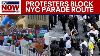 Protesters block NYC parade route in wake of IsraelHamas war ceasefire  LiveNOW from FOX [upl. by Idelson]