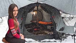 Winter Camp in Hot Tent overnight  Solo camping in a blizzard woods  ASMR [upl. by Hctim315]