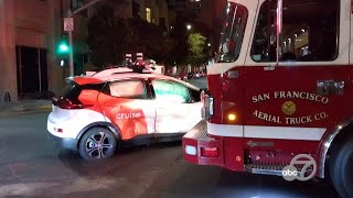 Driverless Cruise car struck by San Francisco firetruck passenger injured [upl. by Ahsakat356]