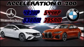 BMW I4 M50 544PS VS MERCEDES AMG EQE 43 4MATIC 483PS ACCELERATION 0200KMH  100200KMH [upl. by Yemac]