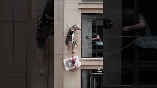 Installing air conditioner outside the building👷 [upl. by Reffinej]