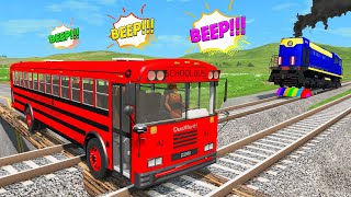 Truck Rescue Bus Cars on Double Rails  Trains vs Giant Pit  BeamNGDrive [upl. by Eatnoid]