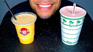 Wendys Orange Dreamsicle Frosty vs In N Out Burger Strawberry Milkshake Eating Candy Show Sounds [upl. by Nogam]