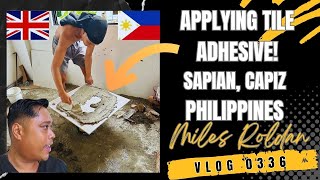 VLOG 336 CUTTING TILES amp APPLYING ADHESIVE AT A MODERN HOUSE BUILD IN THE PHILIPPINES [upl. by Orgel]