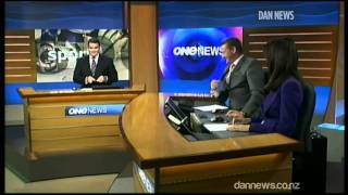 Newsreader in New Zealand does quotSprinkler Dancequot live on TV [upl. by Leddy930]