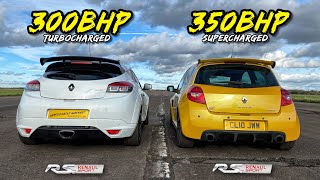 TURBO vs SUPERCHARGED 350HP CLIO RS200 vs 300HP MEGANE RS250 [upl. by Aynotahs]