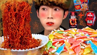 ASMR ONE CHIP DEATH NUT FIRE NOODLE NIKLNIPS CHALLENGE 원칩 데스넛 불닭비빔면 닉클립 먹방 MUKBANG EATING SOUNDS [upl. by Gretel]