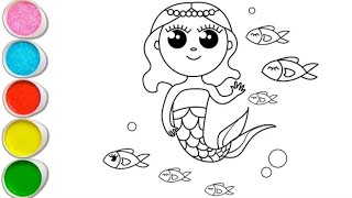 Drawing amp Coloring Cute Mermaid with Fish🧜‍♀️🐚🦄🐬🐟🐠❄️🌊🌈Drawing for kids  Lets Draw Together [upl. by Heddie]