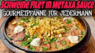 Filet Gourmetpfanne  Schweinefilet in Metaxasoße aus dem Dutch Oven Deckel [upl. by Orecul20]