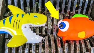 Giant Yellow Shark and Fish Toys Shredded Colorful Squishy Animals Destroyed Whats Inside [upl. by Kissel]