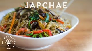 Korean JapChae Recipe Glass Noodle 잡채  HONEYSUCKLE [upl. by Ahsekal]