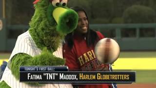 Female Globetrotter throws Phillies first pitch [upl. by Araic]