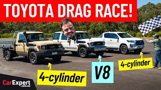 Drag race V8 LandCruiser 70 v 4cyl LandCruiser 70 v 4cyl HiLux roll race and 14 mile times [upl. by Oregolac839]