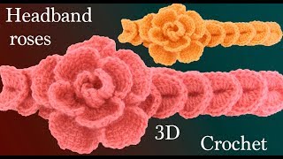 Diadema a Crochet con flores rosas tejidas 3D en punto tunecino tejido tallermanualperu [upl. by Alyat]