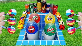 Pool Experiment Coca Cola of Fanta vs 4 Foam vs Balloons Football Sodas 7up Fruko Pepsi And Mentos [upl. by Okiam]