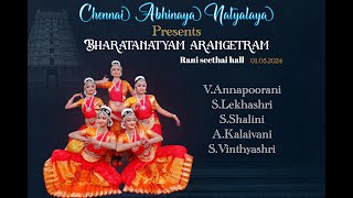 Chennai Abinaya Natyalaya  Bharatanatyam Arangetram  152024  6pm Onwards [upl. by Etnaihc]