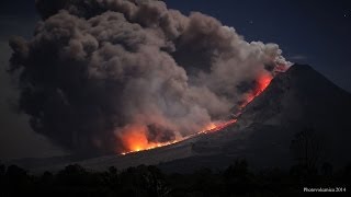 Pyroclastic flows and close up of collapsing lava lobe at night Sinabung Volcano Indonesia [upl. by Houlberg]