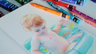 Neocolor II portrait painting  tips  review for wax pastels [upl. by Nahraf]