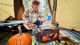 HALLOWEEN HOT TENT Camping In Cold Fall Weather Steaks Tricks amp Treats [upl. by Aneel618]