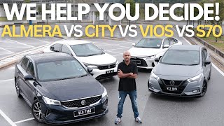 Ultimate Comparison Toyota Vios VS Honda City VS Proton S70 VS Nissan Almera [upl. by Malonis467]