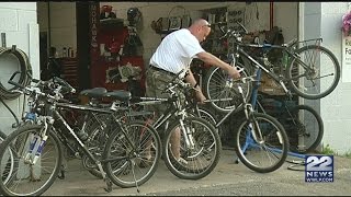 Holyoke Police Department donates patrol bikes to Bob quotThe Bike Manquot [upl. by Sirtimid]