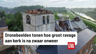 Dronebeelden tonen hoe groot ravage aan kerk is torenspits weggeblazen dak ingestort en vol puin [upl. by Euqinue]