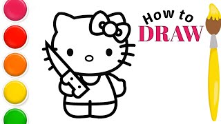 Hello Kitty with knife drawing and colouring for kids how to draw cartooncartoondraw colouring [upl. by Erv]