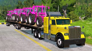 Tractors Transportation with Truck on Flatbed Trailer  Train vs Tractor  BeamNGDrive 015 [upl. by Leontyne57]