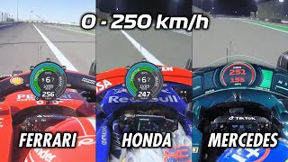 0250kmh Acceleration Ferrari vs Honda vs Mercedes F1 2024 [upl. by Nedearb231]