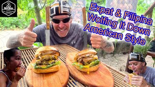 AMERICAN EXPAT amp FILIPINA BEAUTY WOLFING IT DOWN AMERICAN STYLE food travel [upl. by Ainahtan]