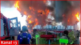 “Run away it’ll explode” Next footage of fierce fire continuously raging an oil base hit in Russia [upl. by Rehteh]