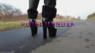 Pathwalk  High Heel Boots Walk  Black Shiny Outfit  Freddy Pants and Puffer Jacket [upl. by Garmaise]