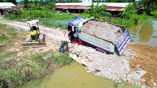 OMG Dump Truck 8T Driving Fail Operation When Unloading Soil To Clear Flooded Area  Dozer Pushing [upl. by Ydissahc]