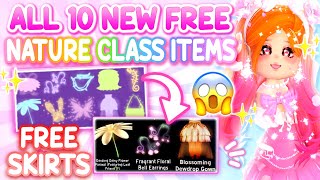 GET ALL 10 NEW Free ITEMS  SKIRTS amp PARASOL 🌸Nature Fairy Class Out Now 👑 ROBLOX Royale High [upl. by Atteuqnas]